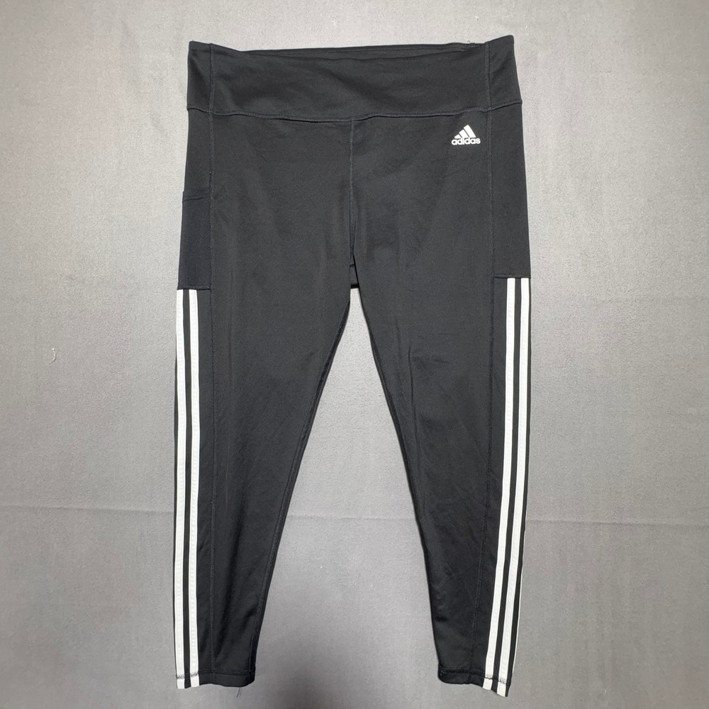 Adidas Primegreen Black 3-Stripe High Waisted Leggings Plus Size 2XL Mesh Pocket